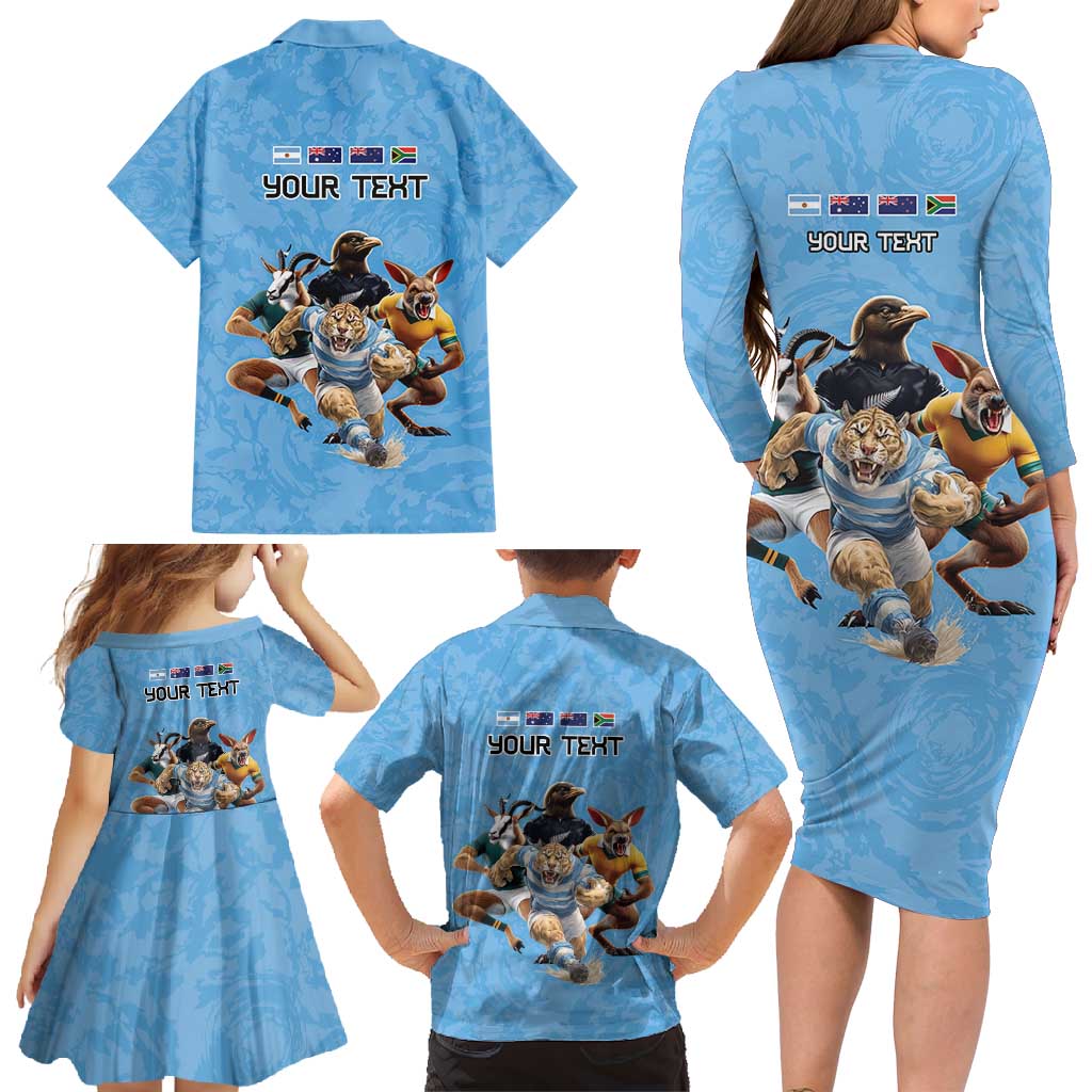 Custom Rugby Southern Hemisphere Family Matching Long Sleeve Bodycon Dress and Hawaiian Shirt Argentina AUNZ South Africa Mascot Blue LT9 - Polynesian Pride