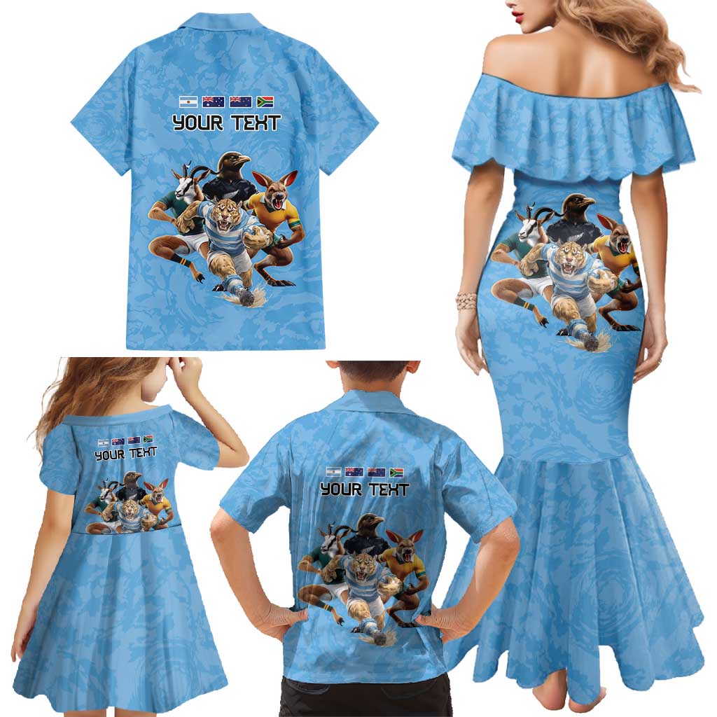 Custom Rugby Southern Hemisphere Family Matching Mermaid Dress and Hawaiian Shirt Argentina AUNZ South Africa Mascot Blue LT9 - Polynesian Pride