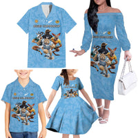 Custom Rugby Southern Hemisphere Family Matching Off The Shoulder Long Sleeve Dress and Hawaiian Shirt Argentina AUNZ South Africa Mascot Blue LT9 - Polynesian Pride