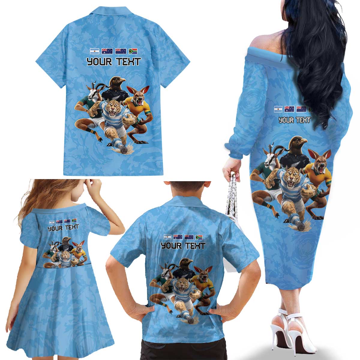 Custom Rugby Southern Hemisphere Family Matching Off The Shoulder Long Sleeve Dress and Hawaiian Shirt Argentina AUNZ South Africa Mascot Blue LT9 - Polynesian Pride
