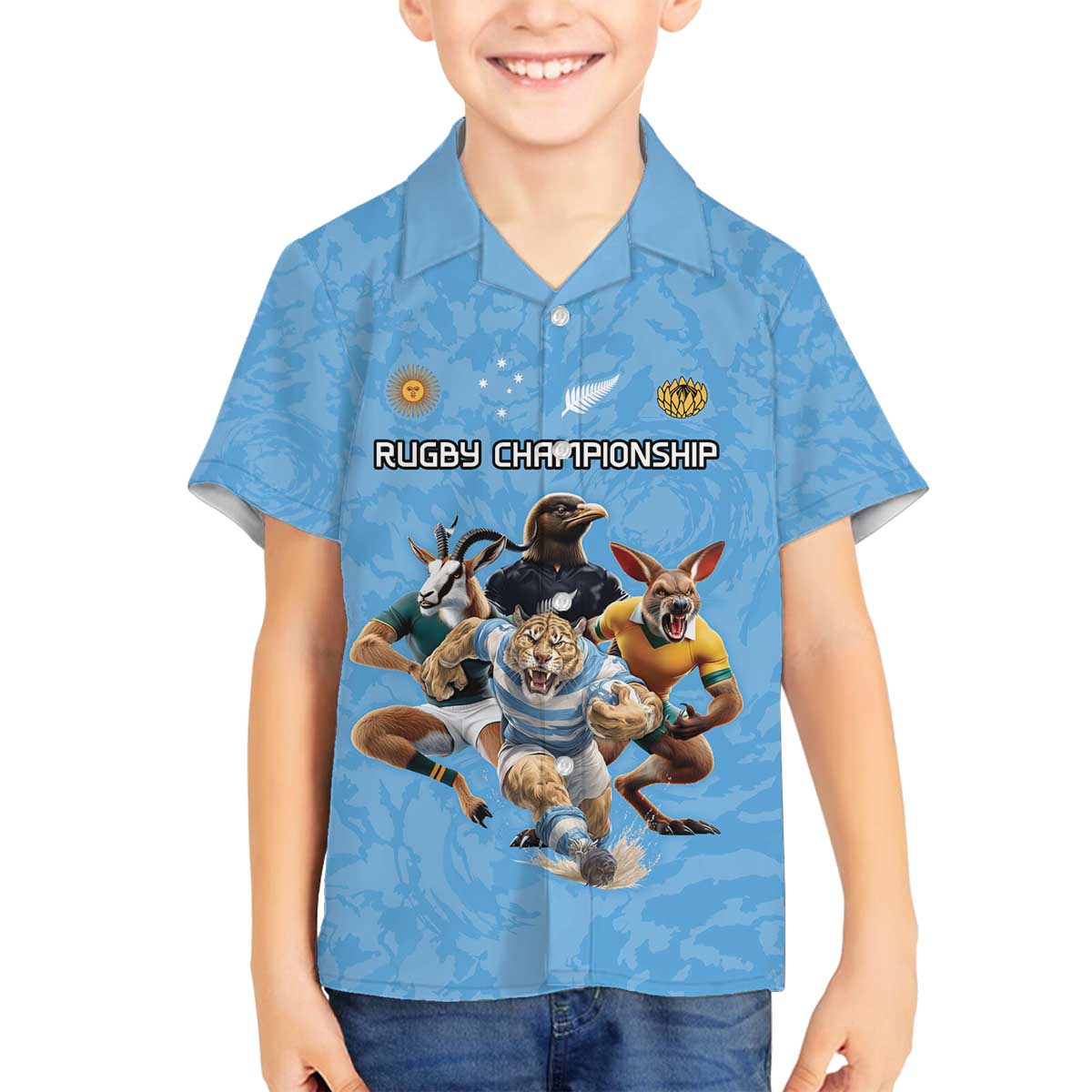 Custom Rugby Southern Hemisphere Family Matching Off The Shoulder Long Sleeve Dress and Hawaiian Shirt Argentina AUNZ South Africa Mascot Blue LT9 Son's Shirt Blue - Polynesian Pride