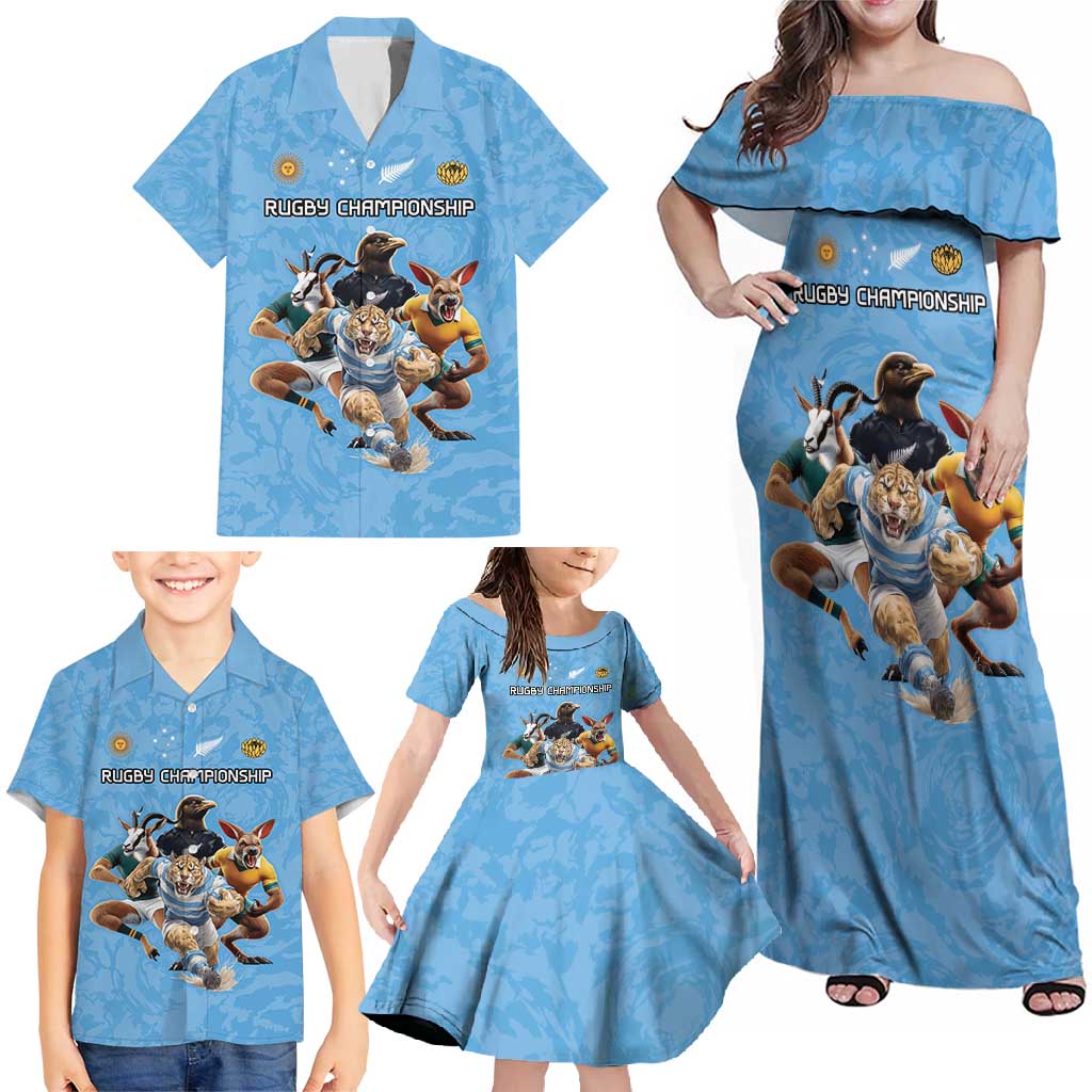 Custom Rugby Southern Hemisphere Family Matching Off Shoulder Maxi Dress and Hawaiian Shirt Argentina AUNZ South Africa Mascot Blue LT9 - Polynesian Pride