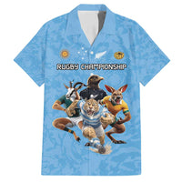 Custom Rugby Southern Hemisphere Family Matching Off Shoulder Maxi Dress and Hawaiian Shirt Argentina AUNZ South Africa Mascot Blue LT9 Dad's Shirt - Short Sleeve Blue - Polynesian Pride