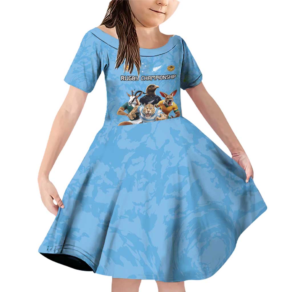 Custom Rugby Southern Hemisphere Family Matching Off Shoulder Short Dress and Hawaiian Shirt Argentina AUNZ South Africa Mascot Blue LT9 Daughter's Dress Blue - Polynesian Pride