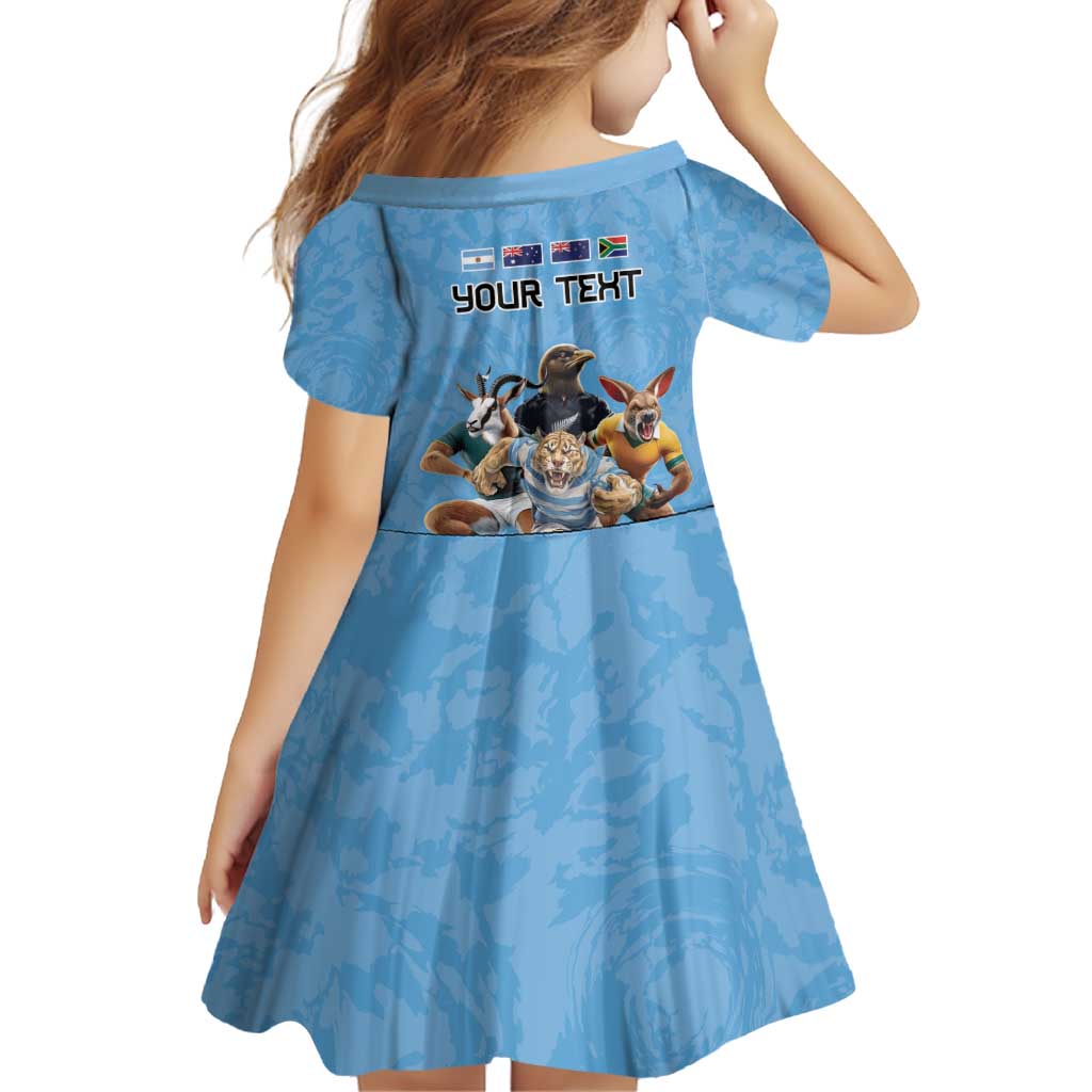 Custom Rugby Southern Hemisphere Family Matching Off Shoulder Short Dress and Hawaiian Shirt Argentina AUNZ South Africa Mascot Blue LT9 - Polynesian Pride