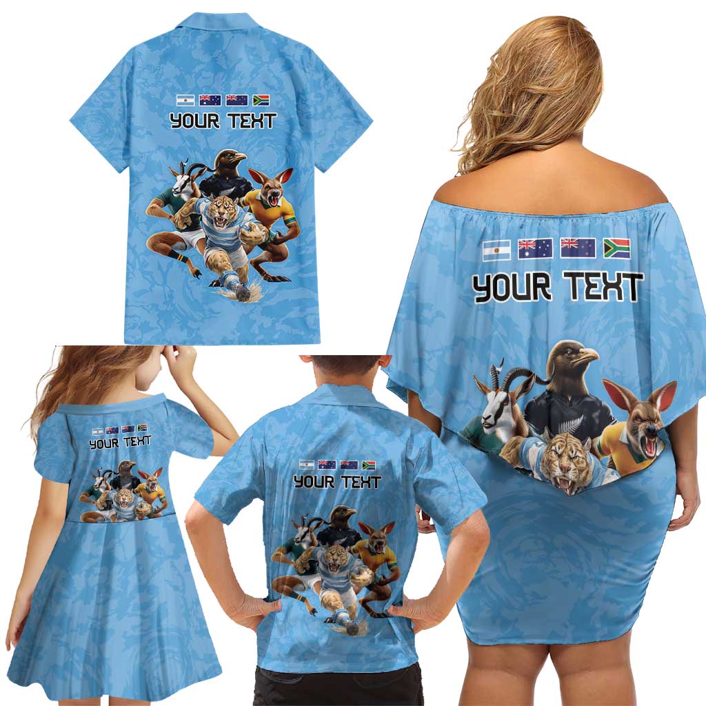 Custom Rugby Southern Hemisphere Family Matching Off Shoulder Short Dress and Hawaiian Shirt Argentina AUNZ South Africa Mascot Blue LT9 - Polynesian Pride