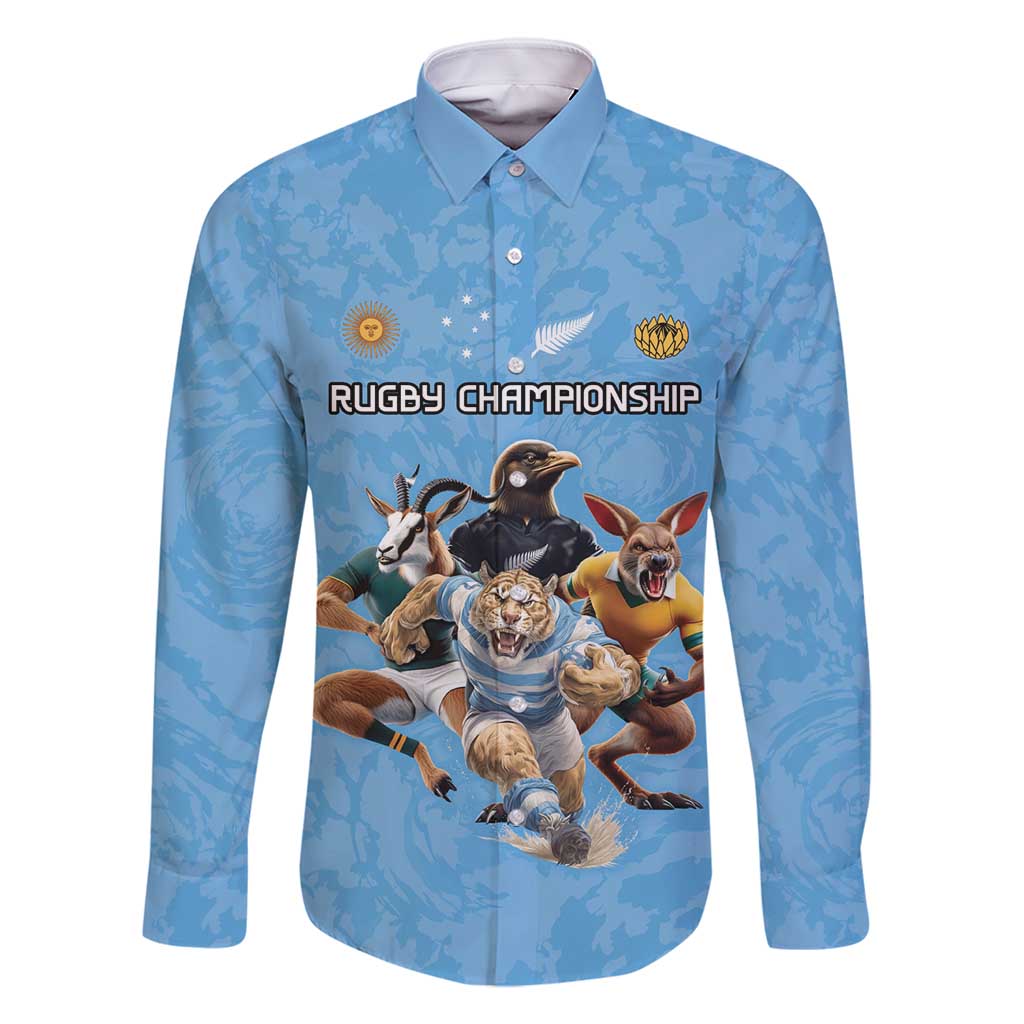 Custom Rugby Southern Hemisphere Family Matching Off Shoulder Short Dress and Hawaiian Shirt Argentina AUNZ South Africa Mascot Blue LT9 Dad's Shirt - Long Sleeve Blue - Polynesian Pride