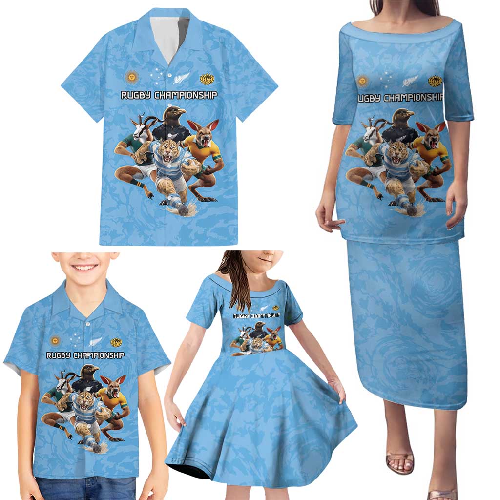 Custom Rugby Southern Hemisphere Family Matching Puletasi and Hawaiian Shirt Argentina AUNZ South Africa Mascot Blue LT9 - Polynesian Pride