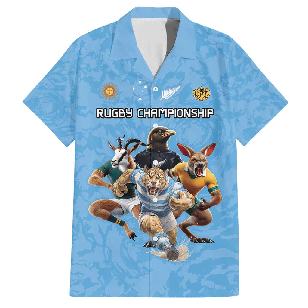 Custom Rugby Southern Hemisphere Family Matching Puletasi and Hawaiian Shirt Argentina AUNZ South Africa Mascot Blue LT9 Dad's Shirt - Short Sleeve Blue - Polynesian Pride