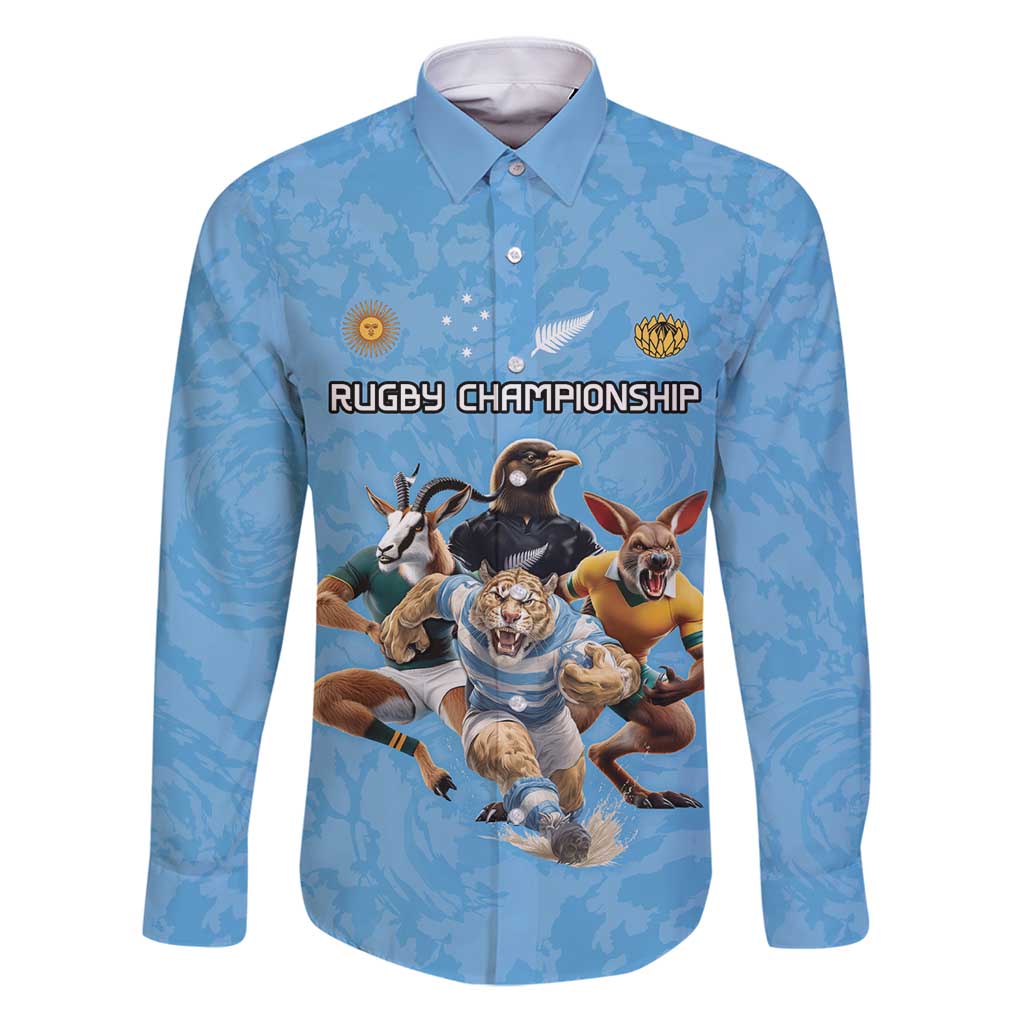 Custom Rugby Southern Hemisphere Family Matching Puletasi and Hawaiian Shirt Argentina AUNZ South Africa Mascot Blue LT9 Dad's Shirt - Long Sleeve Blue - Polynesian Pride