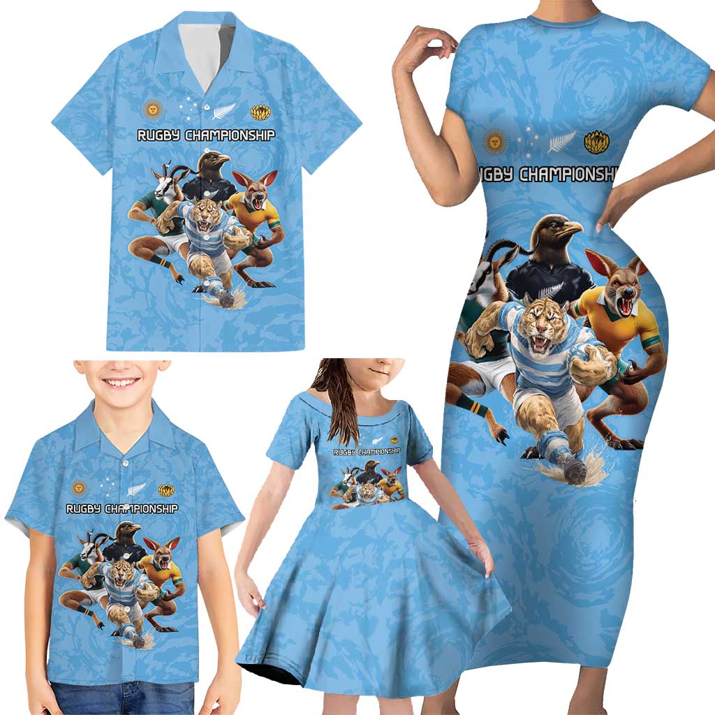 Custom Rugby Southern Hemisphere Family Matching Short Sleeve Bodycon Dress and Hawaiian Shirt Argentina AUNZ South Africa Mascot Blue LT9 - Polynesian Pride