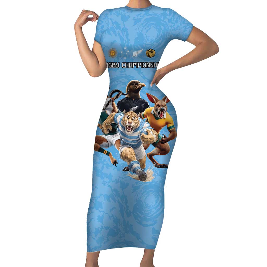 Custom Rugby Southern Hemisphere Family Matching Short Sleeve Bodycon Dress and Hawaiian Shirt Argentina AUNZ South Africa Mascot Blue LT9 Mom's Dress Blue - Polynesian Pride
