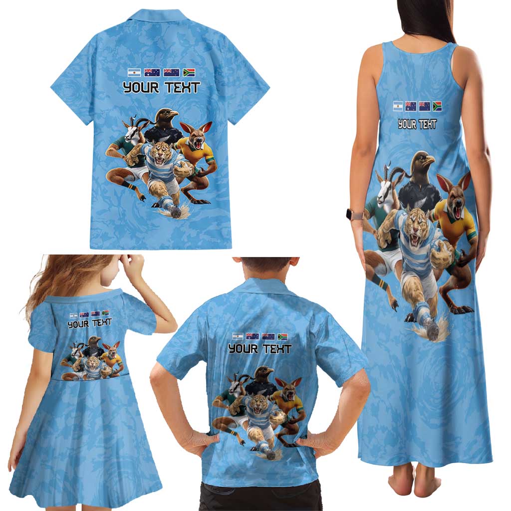 Custom Rugby Southern Hemisphere Family Matching Tank Maxi Dress and Hawaiian Shirt Argentina AUNZ South Africa Mascot Blue LT9 - Polynesian Pride