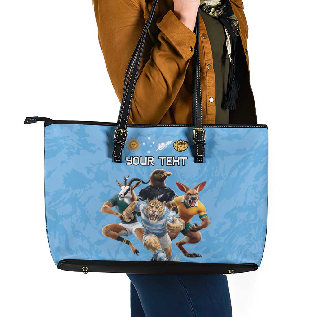 Custom Rugby Southern Hemisphere Leather Tote Bag Argentina AUNZ South Africa Mascot Blue - Polynesian Pride