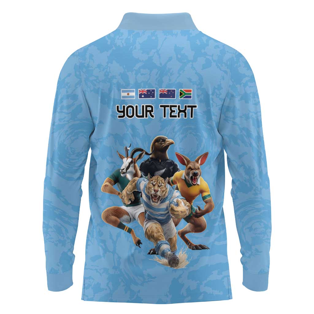 Custom Rugby Southern Hemisphere Long Sleeve Polo Shirt Argentina AUNZ South Africa Mascot Blue - Polynesian Pride