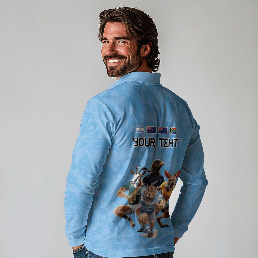 Custom Rugby Southern Hemisphere Long Sleeve Polo Shirt Argentina AUNZ South Africa Mascot Blue - Polynesian Pride