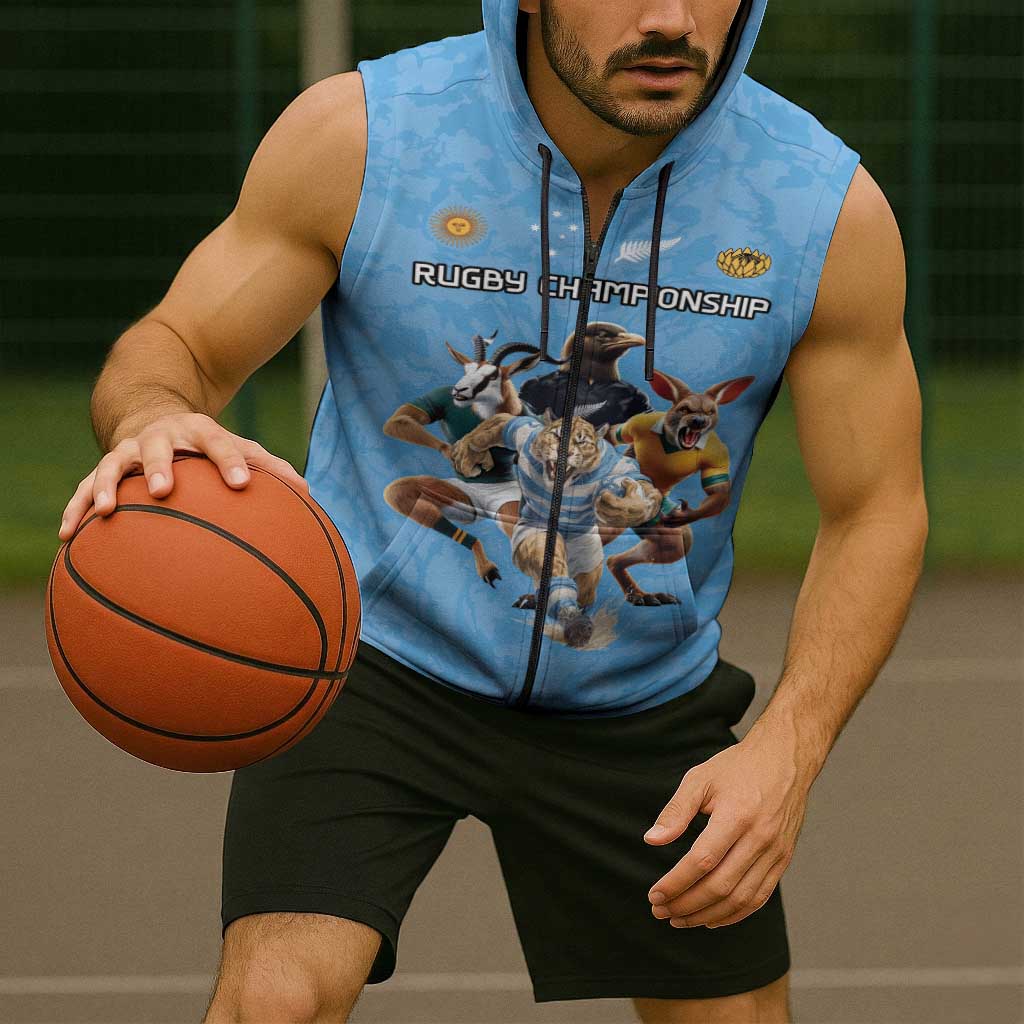 Custom Rugby Southern Hemisphere Sleeveless Zip Hoodie Argentina AUNZ South Africa Mascot Blue - Polynesian Pride