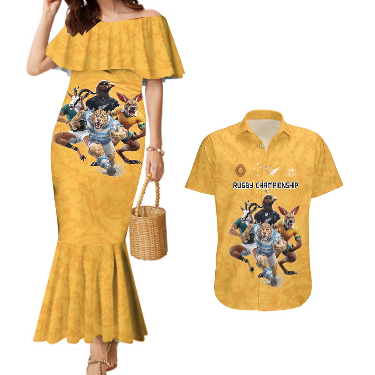 Custom Rugby Southern Hemisphere Couples Matching Mermaid Dress and Hawaiian Shirt Argentina AUNZ South Africa Mascot Gold - Polynesian Pride