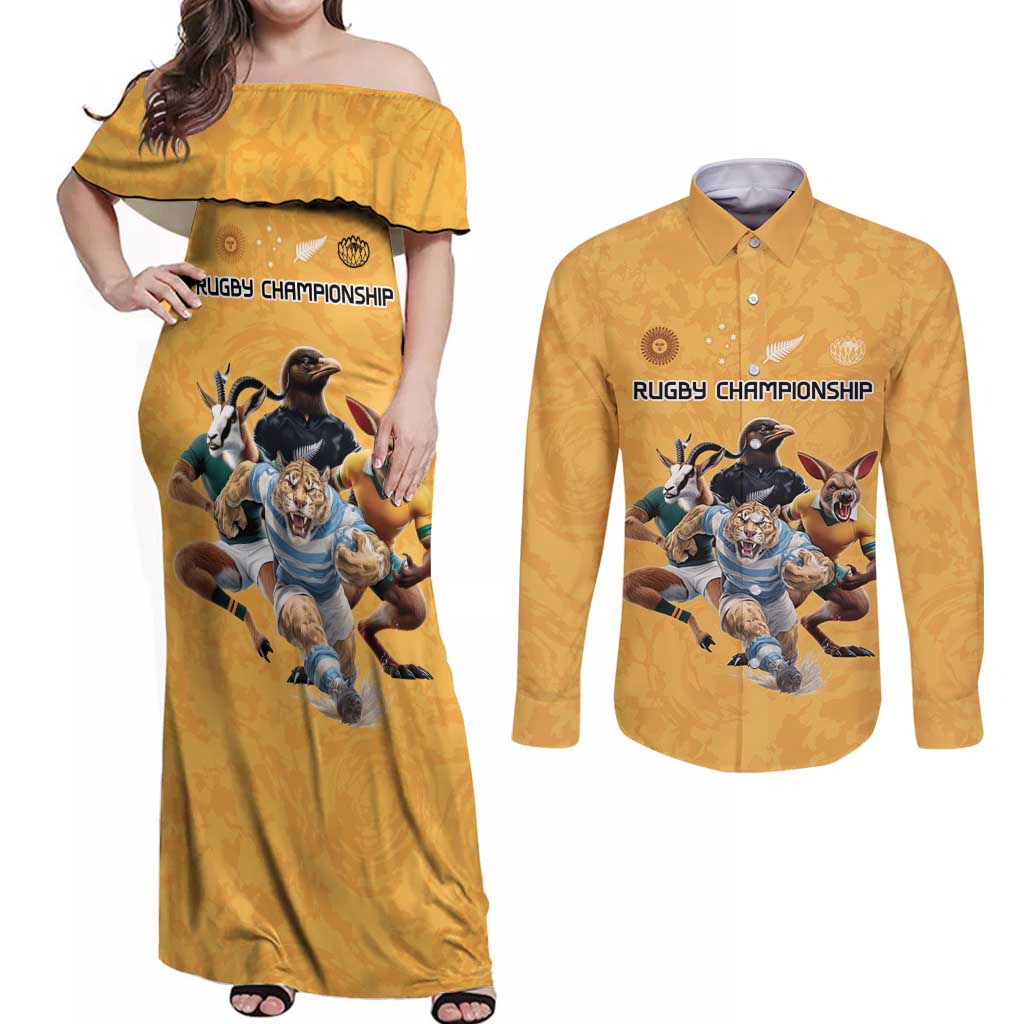 Custom Rugby Southern Hemisphere Couples Matching Off Shoulder Maxi Dress and Long Sleeve Button Shirt Argentina AUNZ South Africa Mascot Gold LT9 Gold - Polynesian Pride