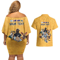 Custom Rugby Southern Hemisphere Couples Matching Off Shoulder Short Dress and Hawaiian Shirt Argentina AUNZ South Africa Mascot Gold LT9 - Polynesian Pride