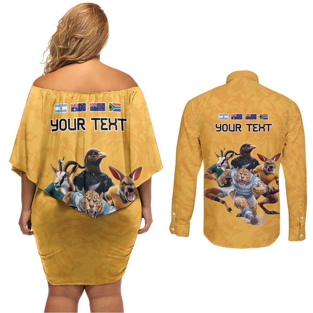 Custom Rugby Southern Hemisphere Couples Matching Off Shoulder Short Dress and Long Sleeve Button Shirt Argentina AUNZ South Africa Mascot Gold LT9 - Polynesian Pride
