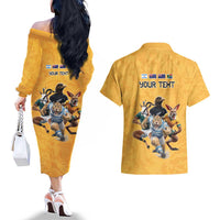 Custom Rugby Southern Hemisphere Couples Matching Off The Shoulder Long Sleeve Dress and Hawaiian Shirt Argentina AUNZ South Africa Mascot Gold - Polynesian Pride