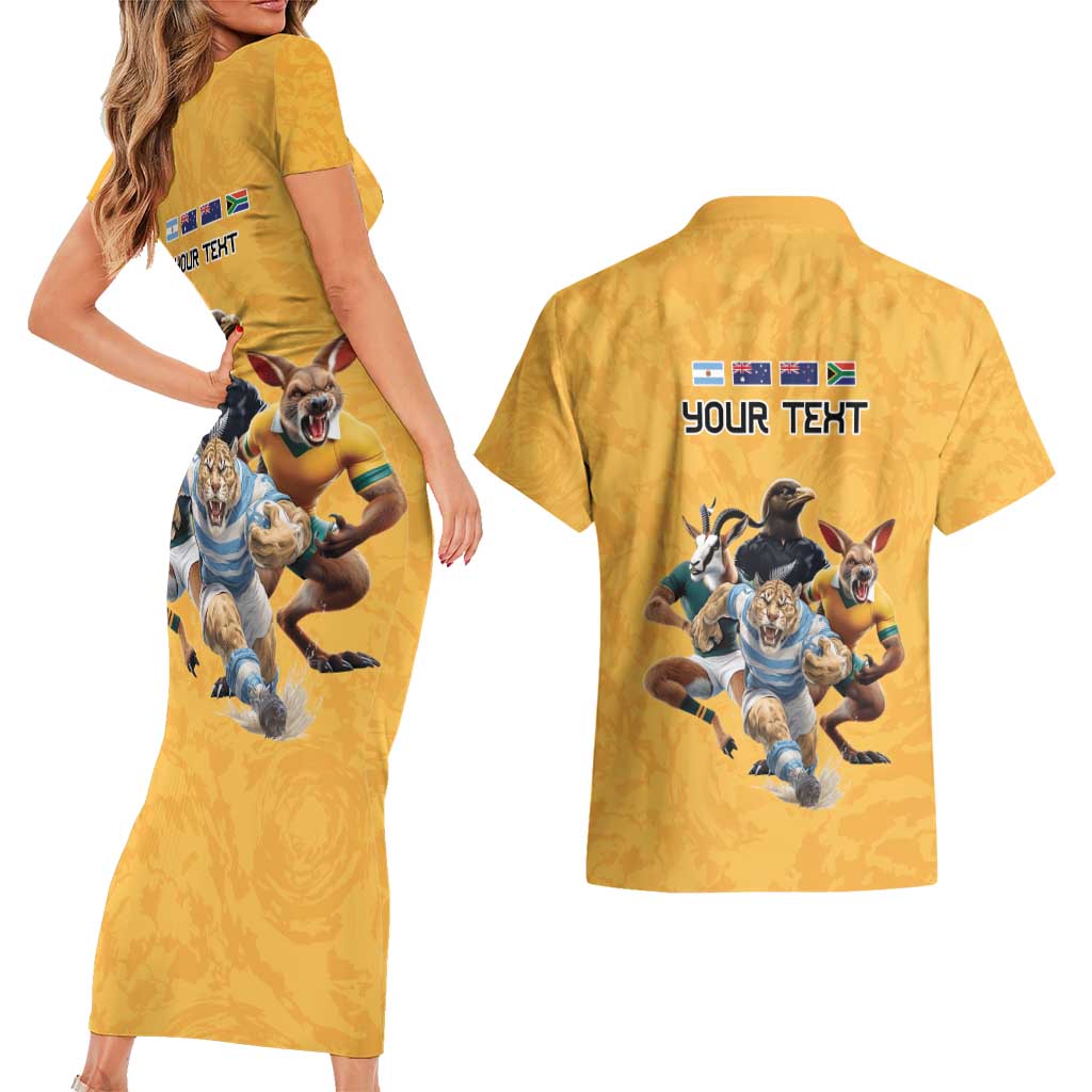 Custom Rugby Southern Hemisphere Couples Matching Short Sleeve Bodycon Dress and Hawaiian Shirt Argentina AUNZ South Africa Mascot Gold - Polynesian Pride