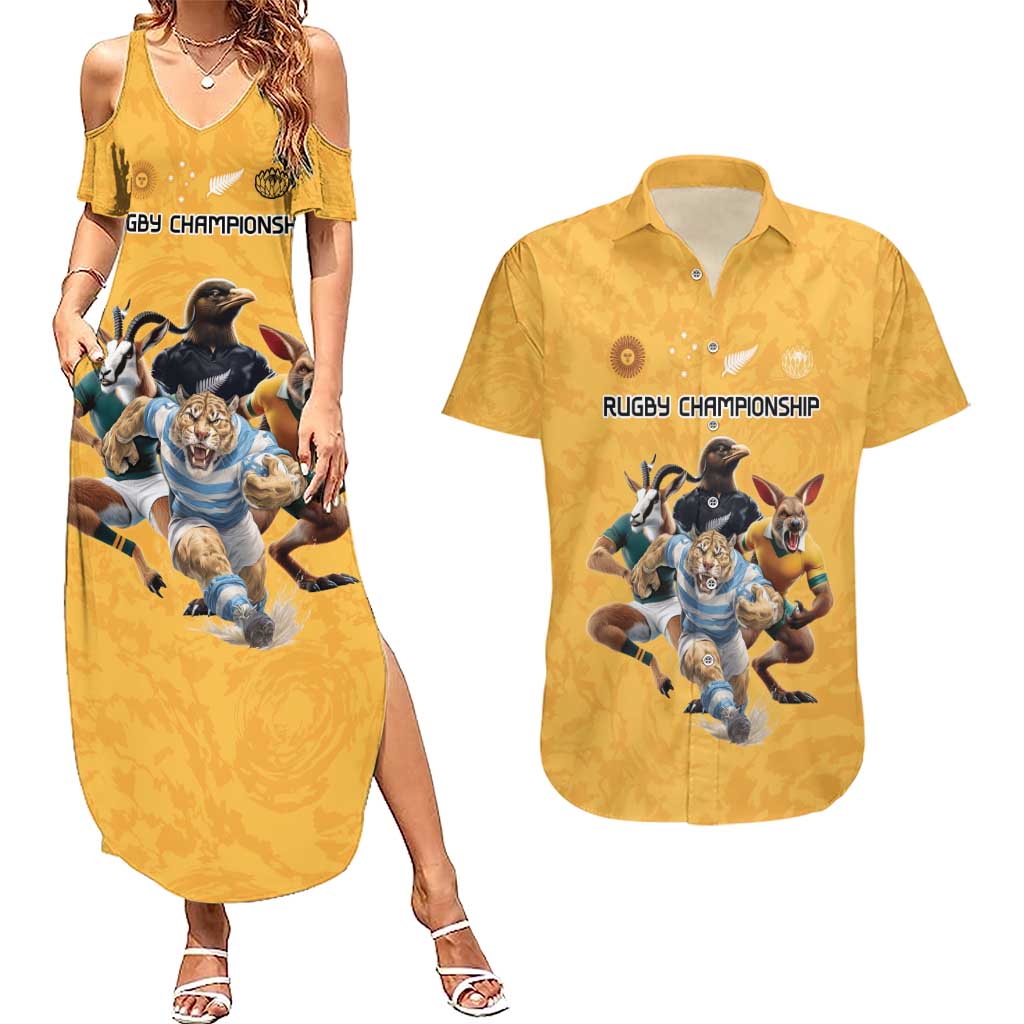 Custom Rugby Southern Hemisphere Couples Matching Summer Maxi Dress and Hawaiian Shirt Argentina AUNZ South Africa Mascot Gold - Polynesian Pride
