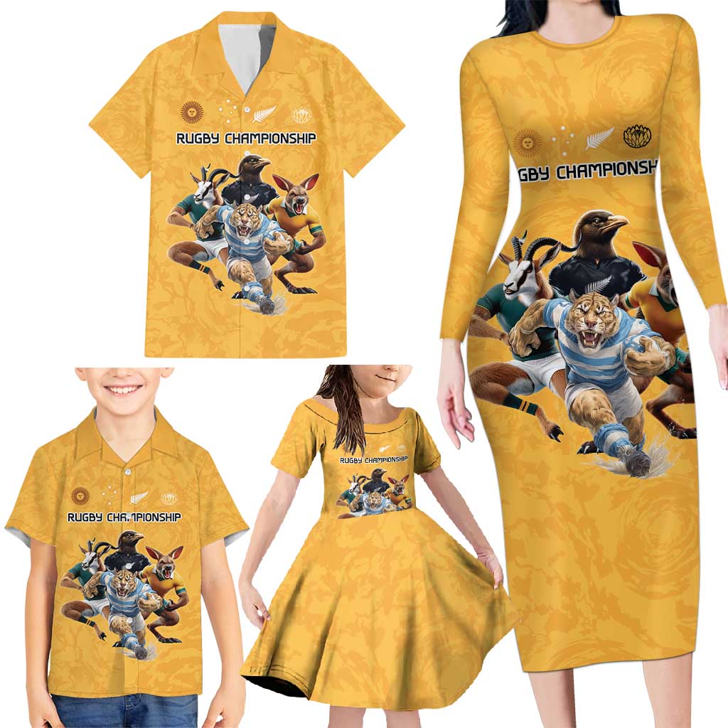 Custom Rugby Southern Hemisphere Family Matching Long Sleeve Bodycon Dress and Hawaiian Shirt Argentina AUNZ South Africa Mascot Gold - Polynesian Pride