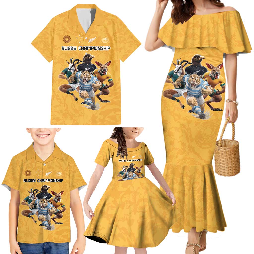 Custom Rugby Southern Hemisphere Family Matching Mermaid Dress and Hawaiian Shirt Argentina AUNZ South Africa Mascot Gold LT9 - Polynesian Pride