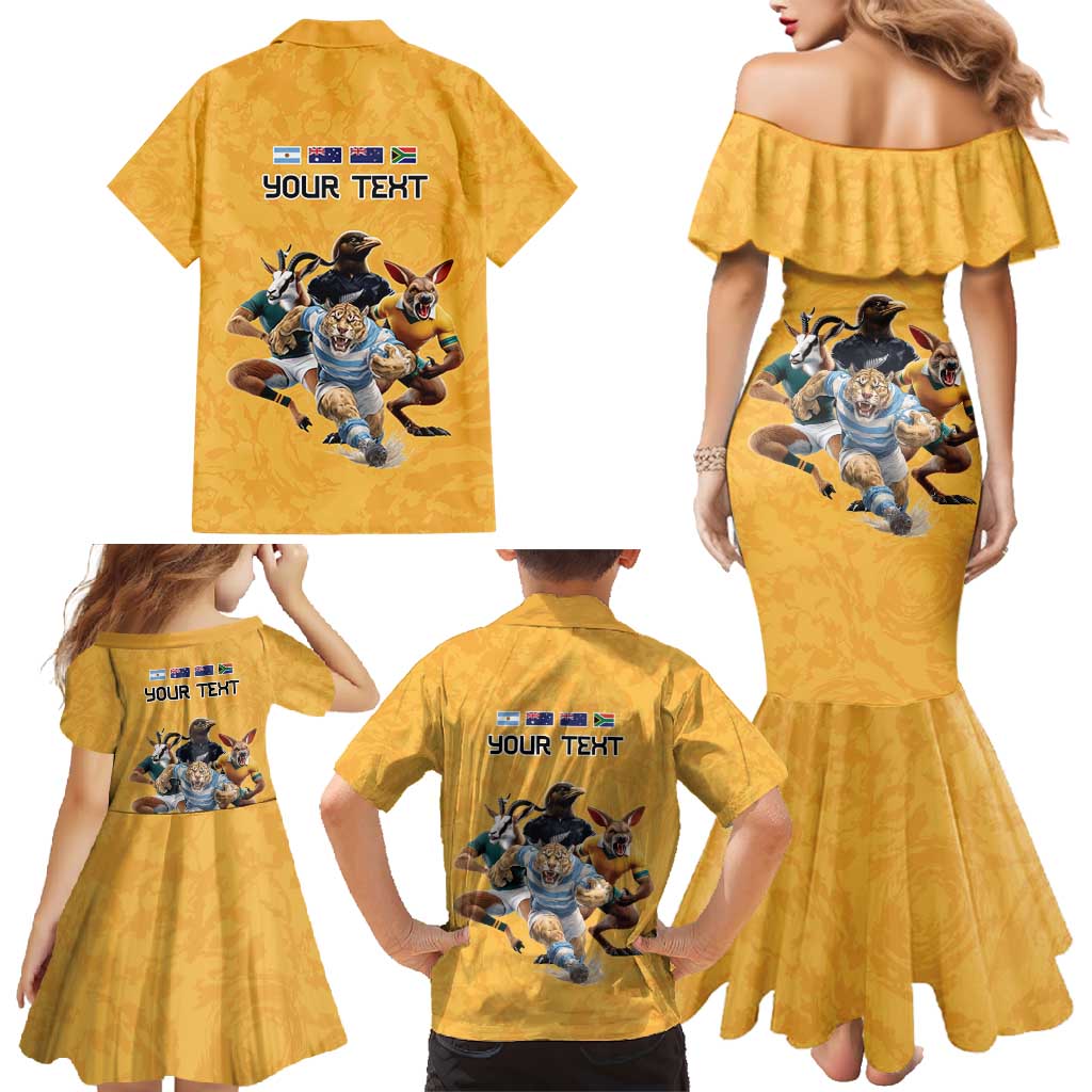 Custom Rugby Southern Hemisphere Family Matching Mermaid Dress and Hawaiian Shirt Argentina AUNZ South Africa Mascot Gold LT9 - Polynesian Pride