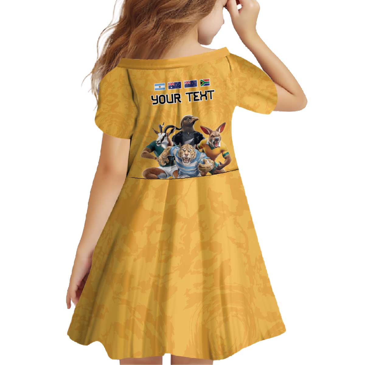 Custom Rugby Southern Hemisphere Family Matching Off The Shoulder Long Sleeve Dress and Hawaiian Shirt Argentina AUNZ South Africa Mascot Gold - Polynesian Pride