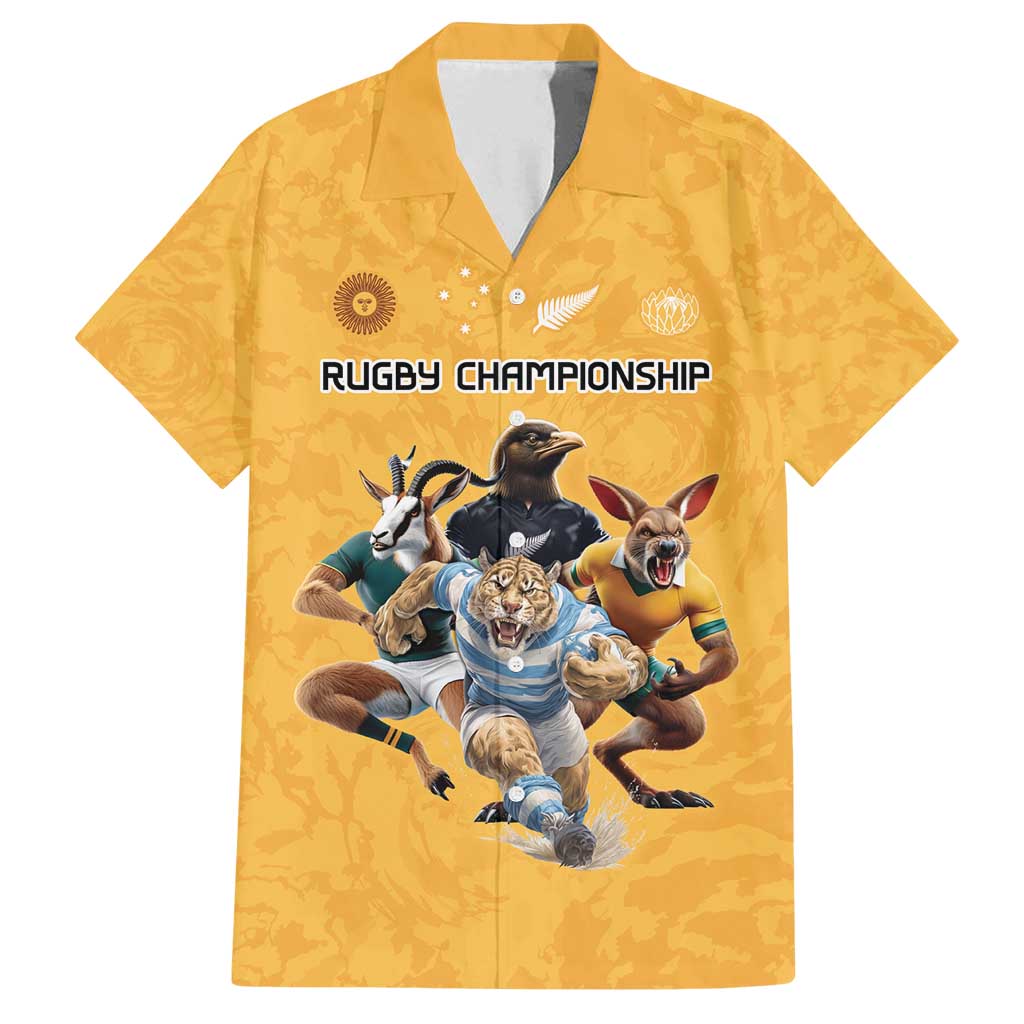 Custom Rugby Southern Hemisphere Family Matching Off Shoulder Maxi Dress and Hawaiian Shirt Argentina AUNZ South Africa Mascot Gold LT9 Dad's Shirt - Short Sleeve Gold - Polynesian Pride