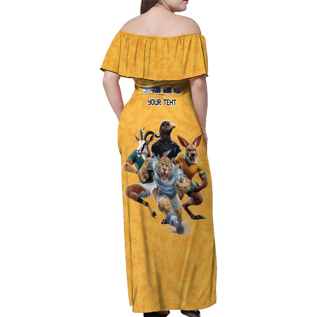 Custom Rugby Southern Hemisphere Family Matching Off Shoulder Maxi Dress and Hawaiian Shirt Argentina AUNZ South Africa Mascot Gold LT9 - Polynesian Pride