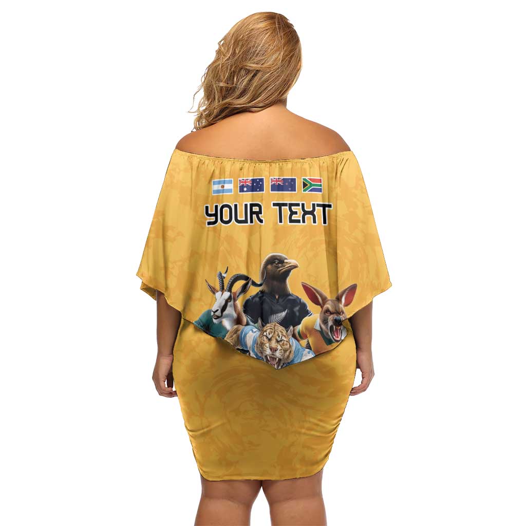 Custom Rugby Southern Hemisphere Family Matching Off Shoulder Short Dress and Hawaiian Shirt Argentina AUNZ South Africa Mascot Gold LT9 - Polynesian Pride