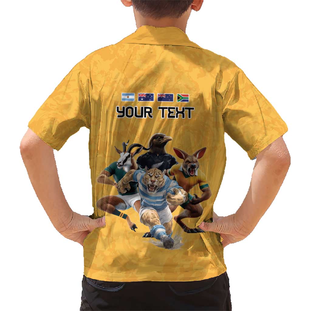 Custom Rugby Southern Hemisphere Family Matching Short Sleeve Bodycon Dress and Hawaiian Shirt Argentina AUNZ South Africa Mascot Gold LT9 - Polynesian Pride