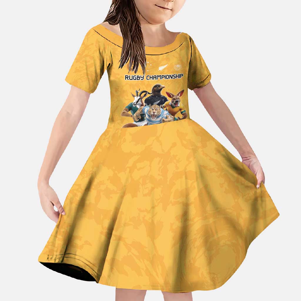 Custom Rugby Southern Hemisphere Family Matching Tank Maxi Dress and Hawaiian Shirt Argentina AUNZ South Africa Mascot Gold LT9 Daughter's Dress Gold - Polynesian Pride