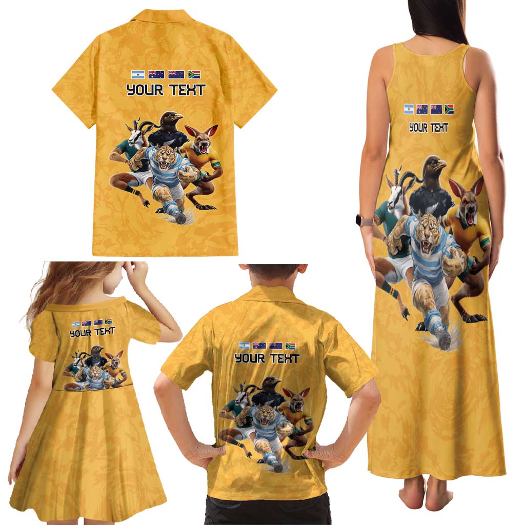 Custom Rugby Southern Hemisphere Family Matching Tank Maxi Dress and Hawaiian Shirt Argentina AUNZ South Africa Mascot Gold LT9 - Polynesian Pride