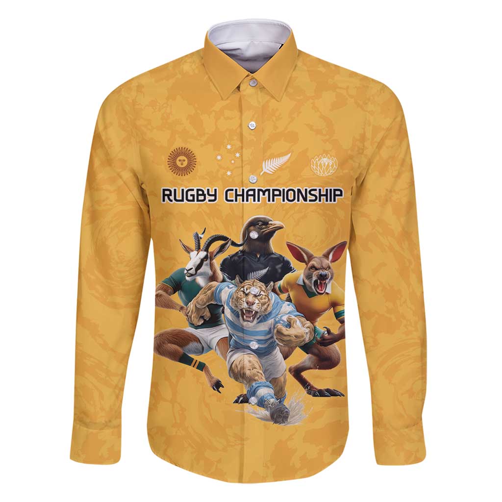 Custom Rugby Southern Hemisphere Family Matching Tank Maxi Dress and Hawaiian Shirt Argentina AUNZ South Africa Mascot Gold LT9 Dad's Shirt - Long Sleeve Gold - Polynesian Pride