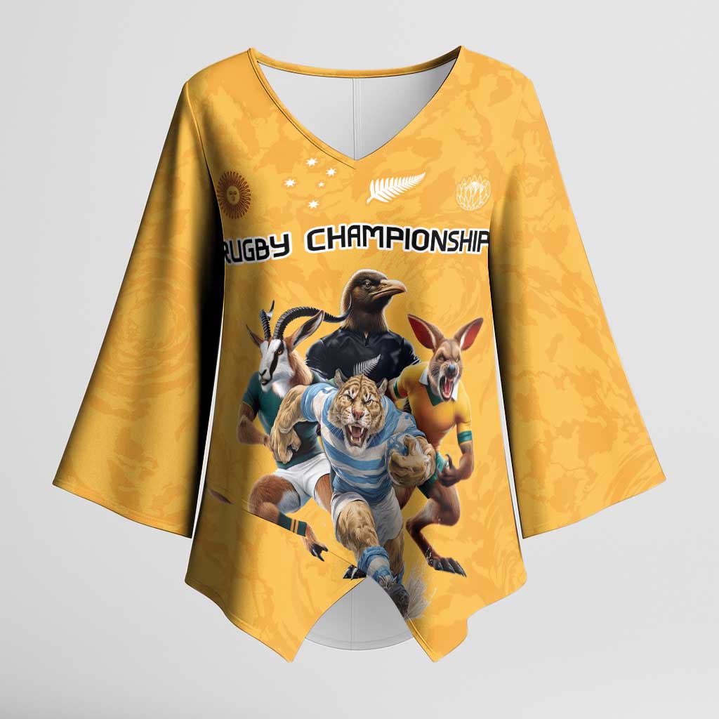 Custom Rugby Southern Hemisphere Kimono Sleeve Blouse Argentina AUNZ South Africa Mascot Gold - Polynesian Pride