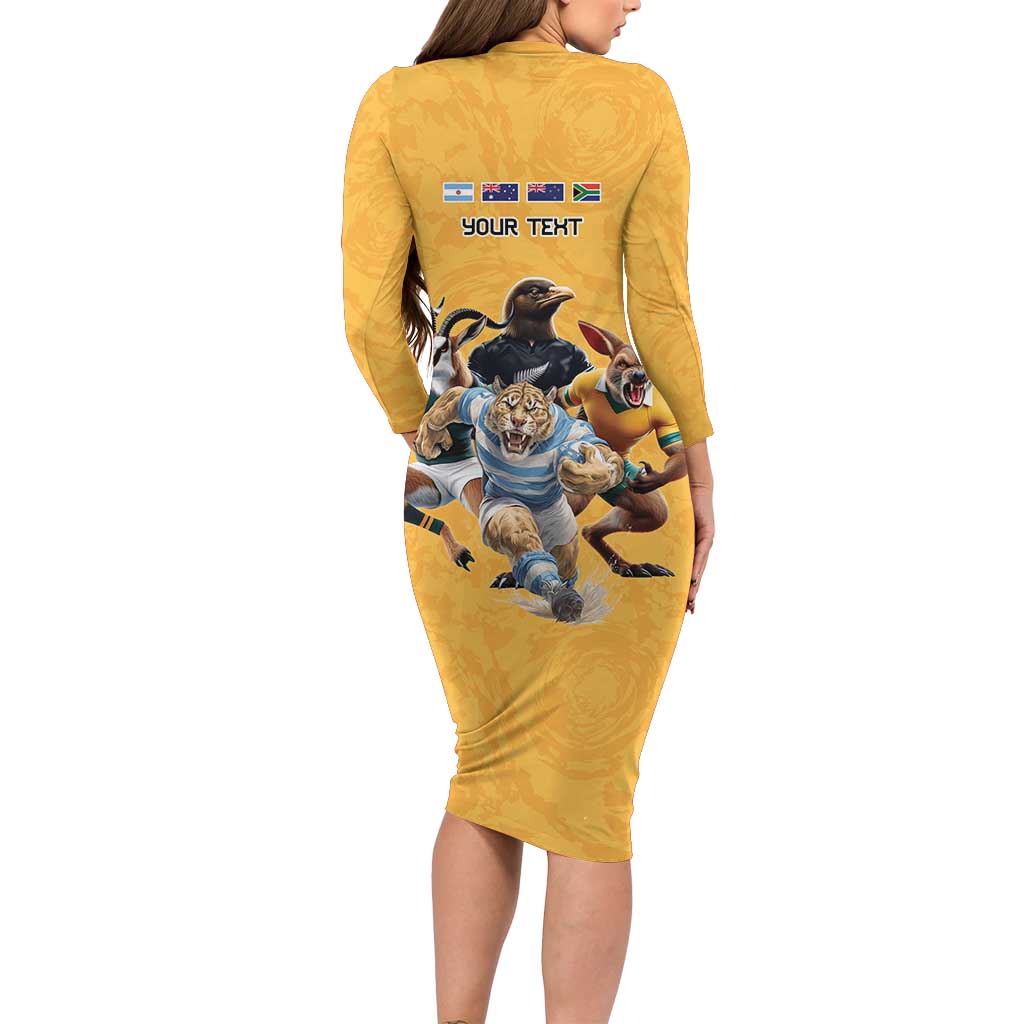 Custom Rugby Southern Hemisphere Long Sleeve Bodycon Dress Argentina AUNZ South Africa Mascot Gold LT9 - Polynesian Pride