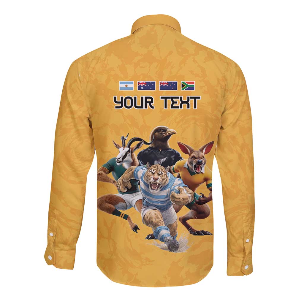 Custom Rugby Southern Hemisphere Long Sleeve Button Shirt Argentina AUNZ South Africa Mascot Gold - Polynesian Pride