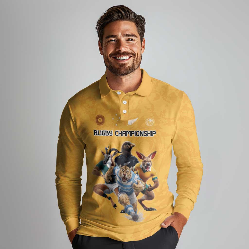 Custom Rugby Southern Hemisphere Long Sleeve Polo Shirt Argentina AUNZ South Africa Mascot Gold - Polynesian Pride
