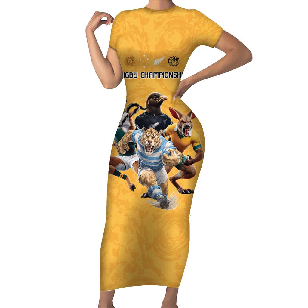 Custom Rugby Southern Hemisphere Short Sleeve Bodycon Dress Argentina AUNZ South Africa Mascot Gold LT9 Long Dress Gold - Polynesian Pride