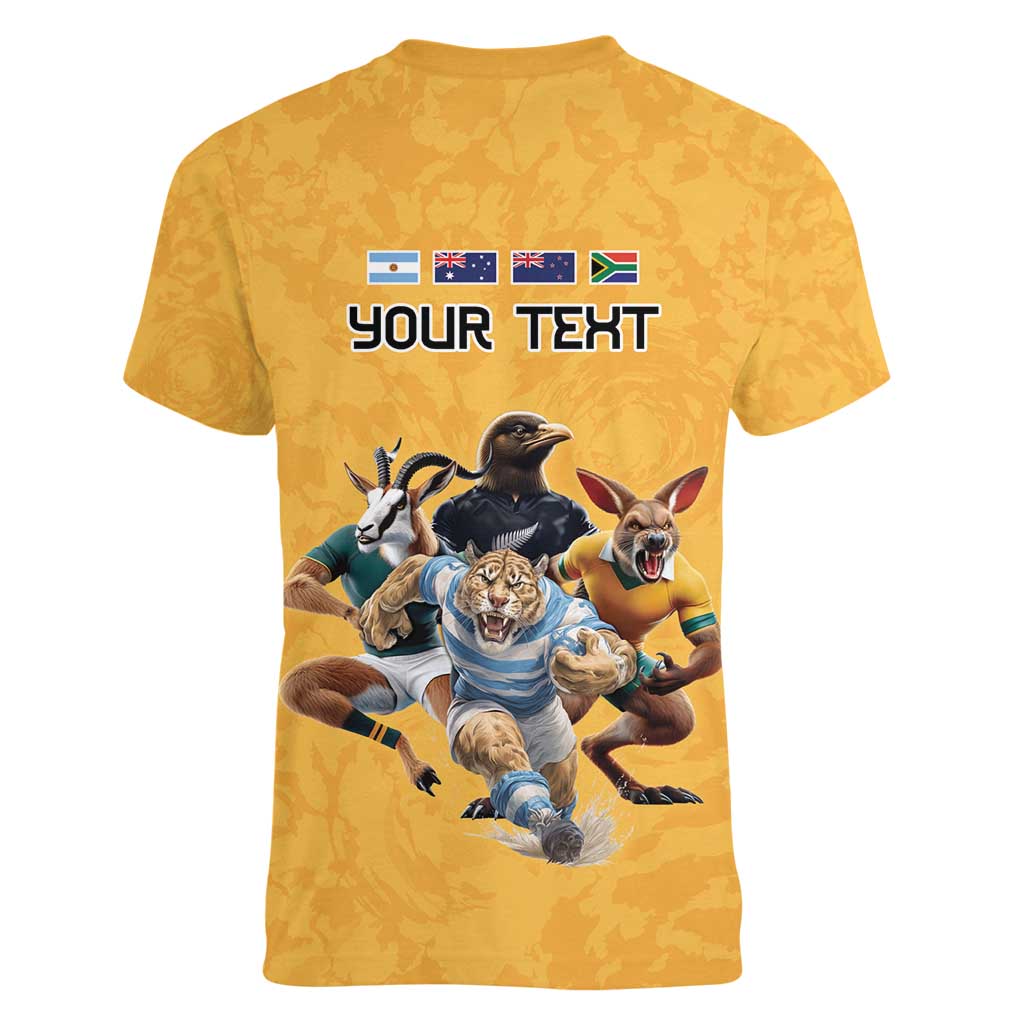 Custom Rugby Southern Hemisphere Women V-Neck T-Shirt Argentina AUNZ South Africa Mascot Gold LT9 - Polynesian Pride