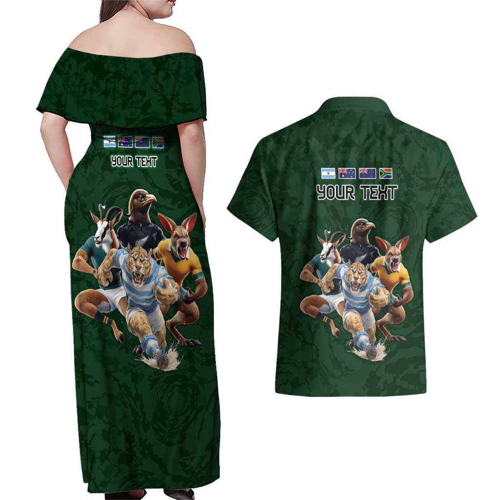 Custom Rugby Southern Hemisphere Couples Matching Off Shoulder Maxi Dress and Hawaiian Shirt Argentina AUNZ South Africa Mascot Green LT9 - Polynesian Pride