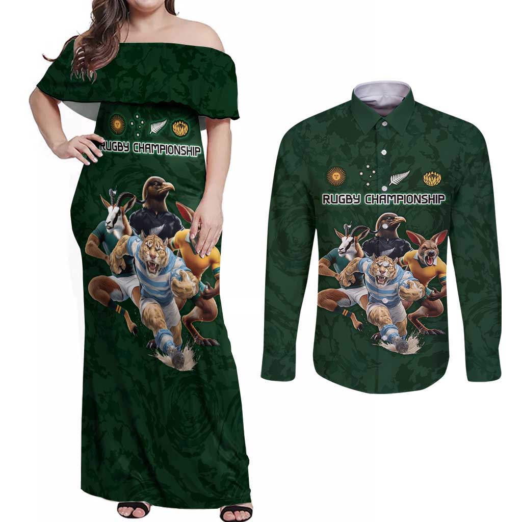 Custom Rugby Southern Hemisphere Couples Matching Off Shoulder Maxi Dress and Long Sleeve Button Shirt Argentina AUNZ South Africa Mascot Green LT9 Green - Polynesian Pride