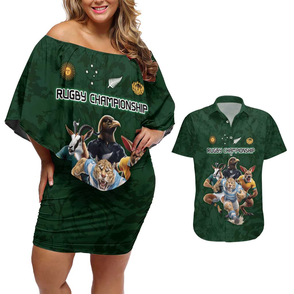 Custom Rugby Southern Hemisphere Couples Matching Off Shoulder Short Dress and Hawaiian Shirt Argentina AUNZ South Africa Mascot Green LT9 Green - Polynesian Pride