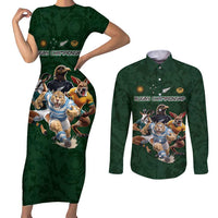 Custom Rugby Southern Hemisphere Couples Matching Short Sleeve Bodycon Dress and Long Sleeve Button Shirt Argentina AUNZ South Africa Mascot Green - Polynesian Pride
