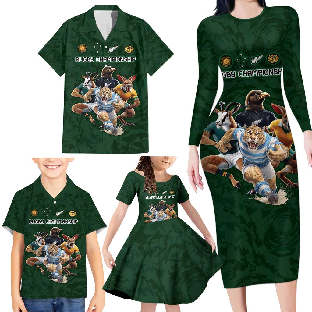 Custom Rugby Southern Hemisphere Family Matching Long Sleeve Bodycon Dress and Hawaiian Shirt Argentina AUNZ South Africa Mascot Green LT9 - Polynesian Pride